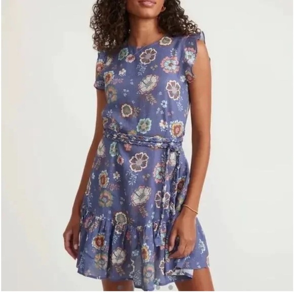 Marine Layer Laney Dress Ruffle Sleeve Tiered Mini Marlin Hibiscus Floral - Picture 1 of 8